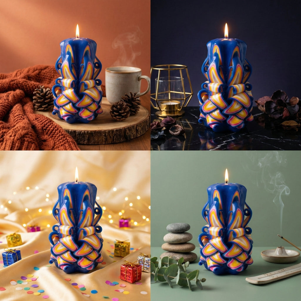 Vela decorativa azul y dorada mostrada en diferentes ambientes del hogar