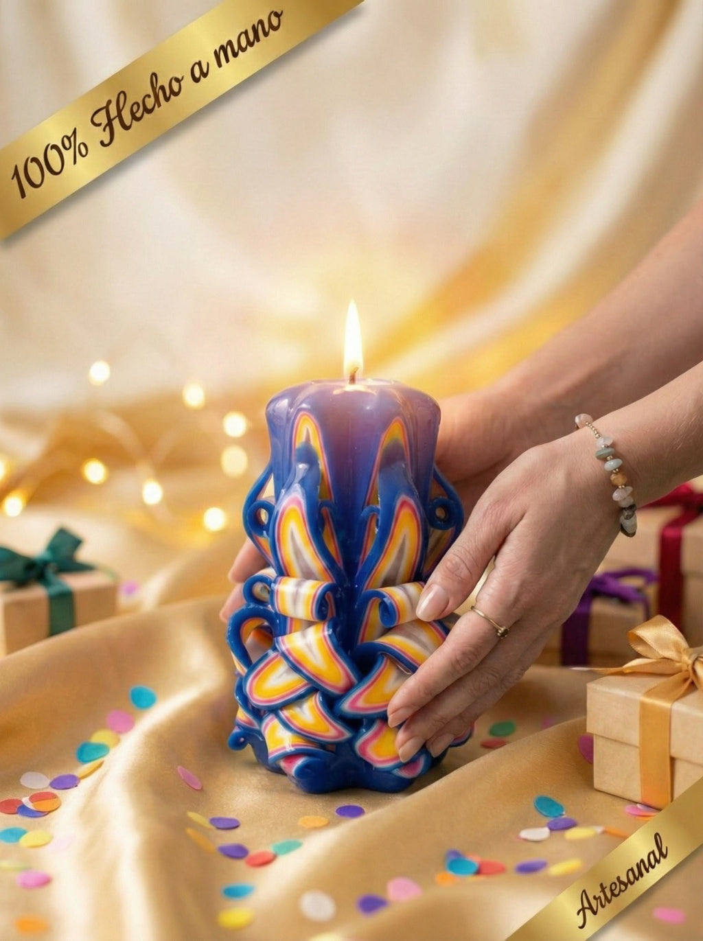 Vela artesanal azul y dorada ideal como regalo original y decoración elegante