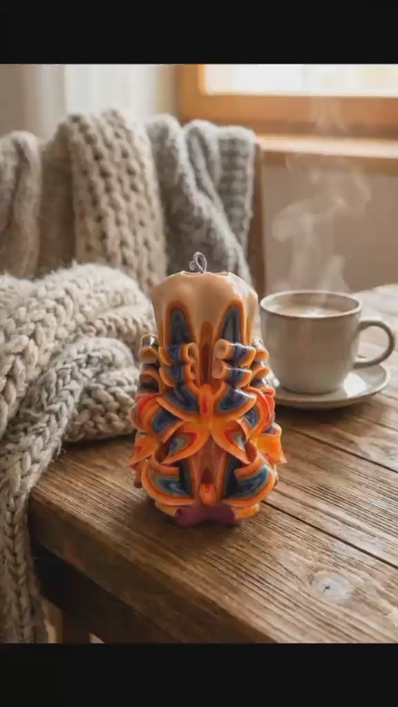Vela Decorativa Tallada a Mano Multicolor | Vela Artesanal para Regalo