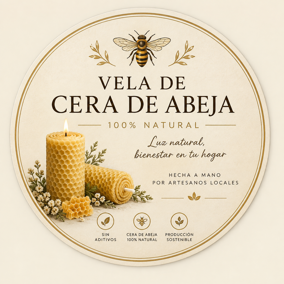 Etiqueta de vela de cera de abeja 100% natural hecha a mano por artesanos locales