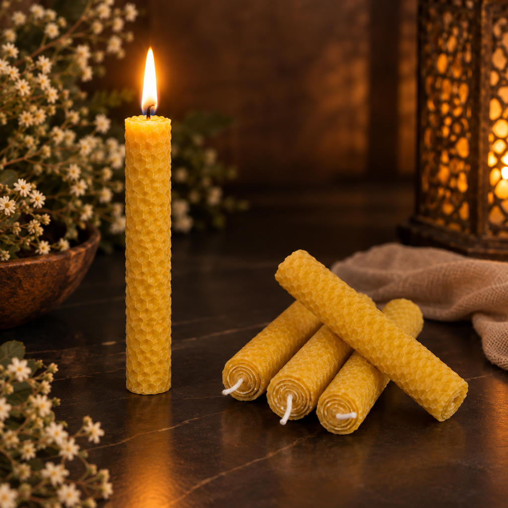 Vela de cera de abeja natural encendida hecha a mano con diseño de panal de abeja
