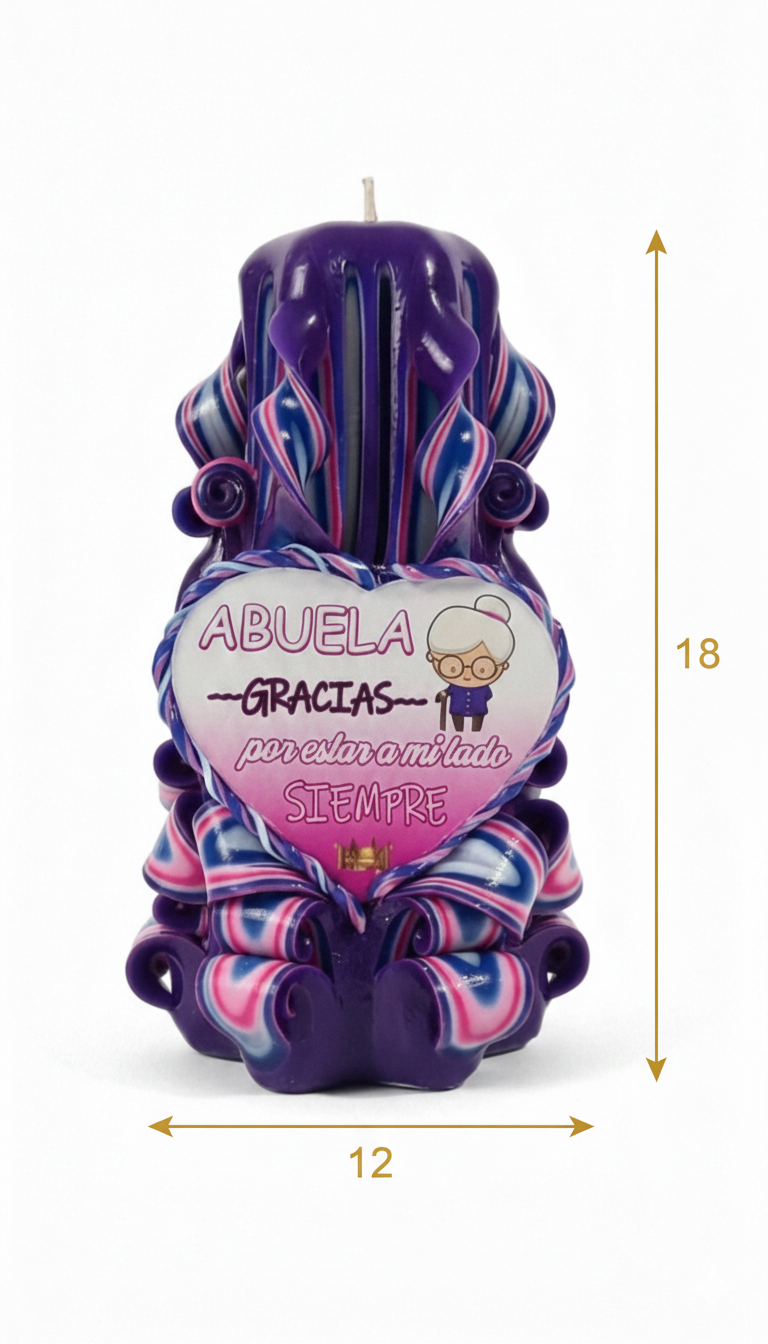 Vela para abuela con dedicatoria especial y medidas de 18 cm de alto por 12 cm de ancho