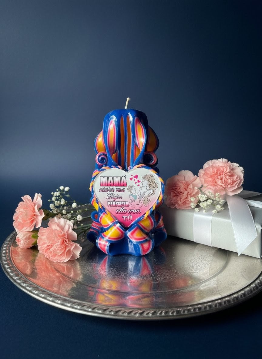 Vela artesanal para mamá con dedicatoria decorativa y corazón personalizado