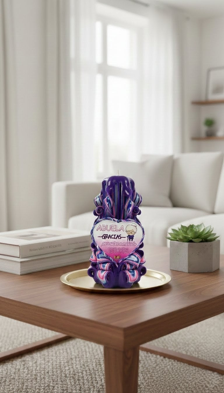 Vela decorativa para abuela colocada en mesa de salón como regalo especial