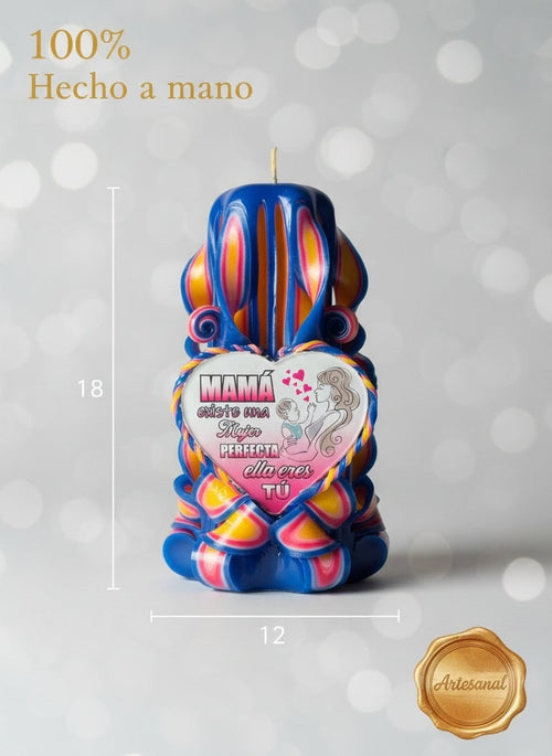 Vela decorativa para mamá hecha a mano con dedicatoria y medidas del producto