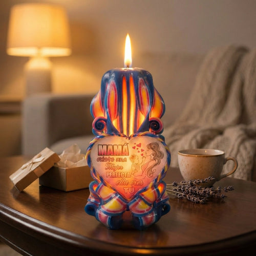 Vela artesanal para mamá encendida con dedicatoria decorativa y diseño azulado